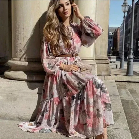 Chiffon Wide Cut Floral Dress Balloon Slee… - Picture 14 of 14